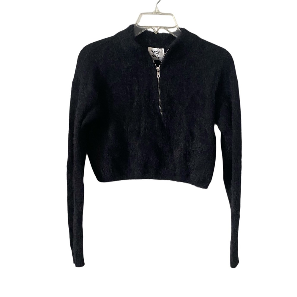 Princess Polly Black Fuzzy Cropped Mock Neck Quarter Zip‎ Sweater Top Size Md